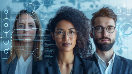 Groupe de trois consultants informatiques experts sur un fond technologique abstrait et futuriste, symbole de réussite, de progrès et d'innovation grâce à l'IA et aux nouvelles technologies