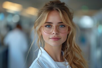 Portrait of a beautiful young woman with long blond hair, wearing glasses and a white shirt. Generative Ai. 