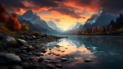 A breathtaking sunrise casting a warm glow on a turquoise blue lake, awakening the mountains from their slumber - obrazy, fototapety, plakaty