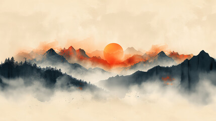 Fond d'écran ou arrière-plan aquarelle avec un coucher ou lever de soleil sur un relief montagneux, wallpaper ou pochette d'album, inspiration japonisme