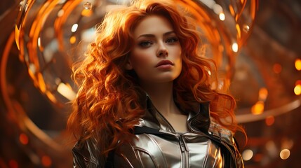 Fototapeta premium Intense Portrait of Red-Haired Woman in Silver Jacket