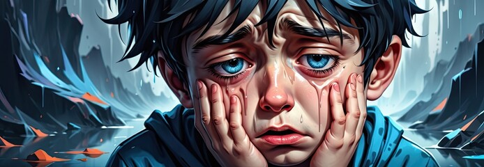 Crying boy, Sadness, School bullying, High School Student Depression, Negative Emotions - obrazy, fototapety, plakaty