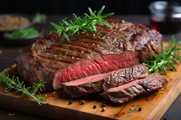 detailed description of a juicy beef steak with vegetables and spices