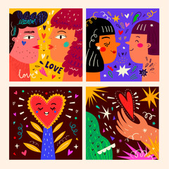 Creative vector collection of illustrations for theme of love. Valentines Day illustrations. Collection of 4 bright funny greeting cards with hearts and people for Valentines Day