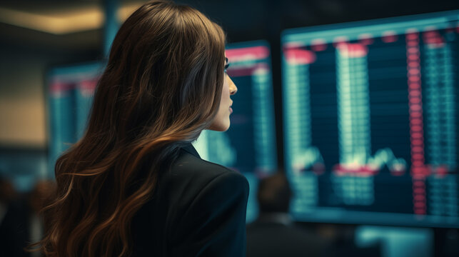 Picture of woman looking at stock market financial data
