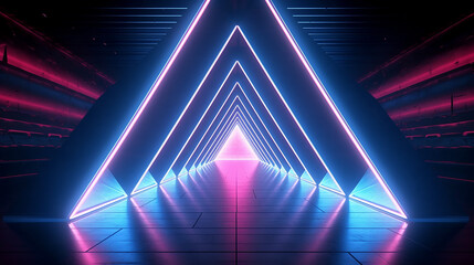  neon lights triangle tunnel abstract geometric. 3D render