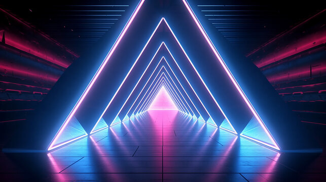  neon lights triangle tunnel abstract geometric. 3D render © pjdesign