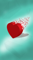 Dispersion of heart symbols, Putting pieces of heart back together on light blue background, design for social media story on valentine day