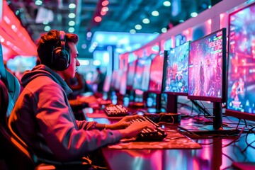 Young gamer intensely playing an esports video game at a competitive gaming event with multiple monitors and neon lights. - obrazy, fototapety, plakaty