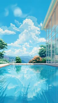 Sunlit Oasis: Swimming Pool Serenity with Butterflies Fluttering in Daylight