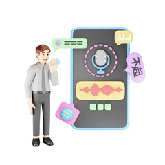 Man Using Speech Recognition: Futuristic 3D Character Illustration with AI Technology