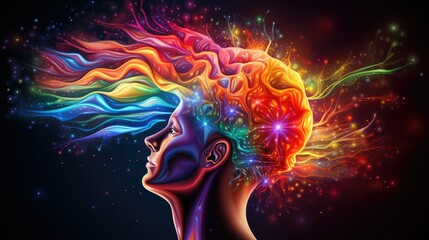 Illustration of brain with a spectrum of radiant colors flowing through its contours, representing the spectrum of human emotions - obrazy, fototapety, plakaty