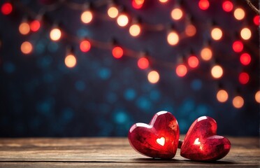 Two red love christmas lights with hearts on wooden background