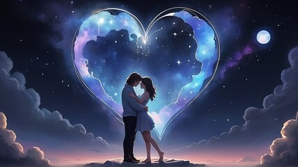 Romantic Couple in the moonlight: Two Souls Entwined in the Cosmic Ballet of Love (with image of a couple embracing on a celestial platform amidst a galaxy of stars forming hearts)