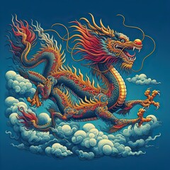 Fototapeta na wymiar Beautiful flying Chinese dragon on a blue background . Chinese new year decoration . 