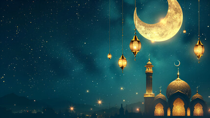 Realistic eid mubarak islami greeting banner background.  generative ai