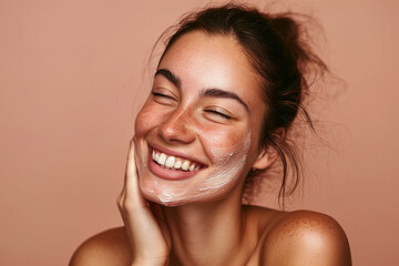 Radiant woman applying nourishing face mask, skincare. Generative AI