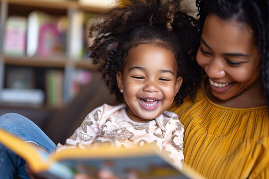 Joyful family moment with mother and daughter reading together. Generative AI. 