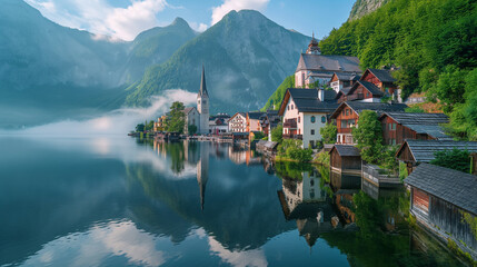 Fototapeta premium Morning Serenade by Hallstatt Lake: Nature's Mirror