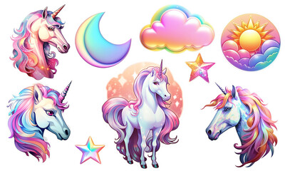 set , clip art, unicorns, clouds, sun, moon, cartoon, children's. nursery set of  elements, stickers. Isolated unicorns, rainbows, clouds, stars, etc are good for prints, cards, posters, kids apparel,