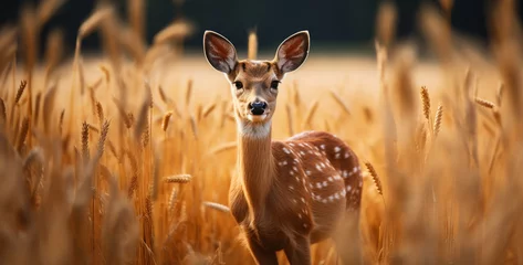 Fototapeten Young whitetail deer doe in a wheat field at sunset, Young whitetail deer standing in the field of wheat at sunset © Kashif Ali 72