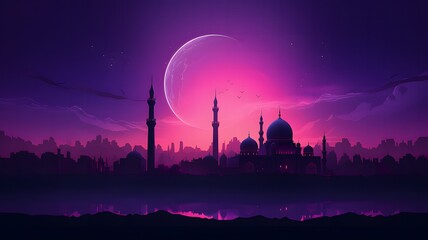 Obraz premium Sunset silhouette of an intricate mosque, set against a rich purple sky, with a tranquil atmosphere and generous space for text, perfect for conveying peaceful blessings
