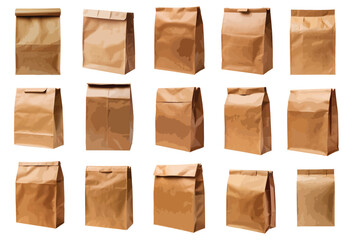 Brown paper lunch bag vector set isolated on white background