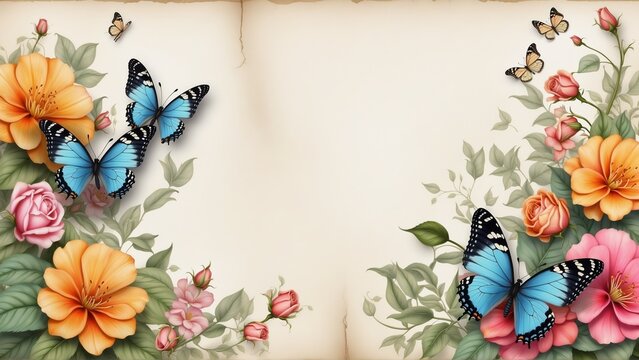 Full Bloom Floral Frame with Lush Butterflies - Abundant Style with Flourishing Nature Concept, Suitable for Organic Product Advertising With Copy Space