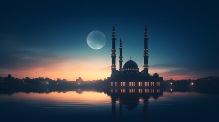 Dramatic silhouette of a unique mosque at sunset, bathed in deep blue and gold tones, offering a stunning backdrop with open space for personalized text or messages