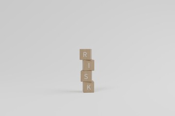 Wooden blocks with the word Risk stacked up irregularly. Investment and business concept. 3d rendering