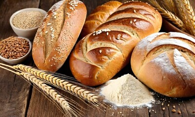 Fresh bread with ears of corn and flour on wooden background