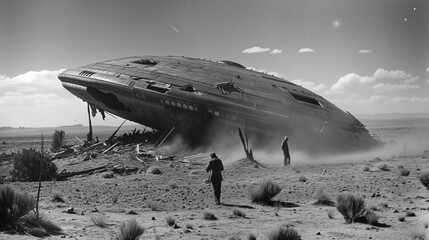 A 1950s black and white photograph depicting two men standing in front of a crashed flying saucer UFO in the middle of a desert