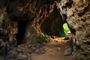 Obraz premium Cave Entrance Landscapes: Showcase the landscapes around cave entrances.