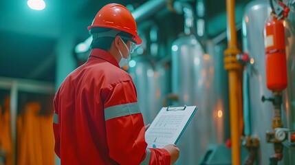 safety officer worker checking a fire extinguisher in a warehouse. Industrial Fire System control check by Professional Engineer write on clipboard