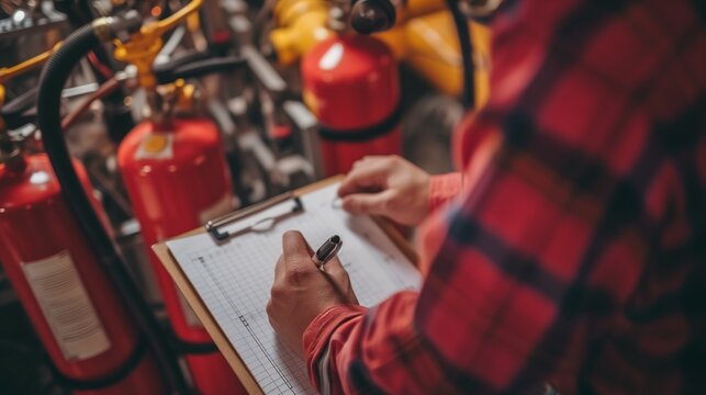 safety officer worker checking a fire extinguisher in a warehouse. Industrial Fire System control check by Professional Engineer write on clipboard