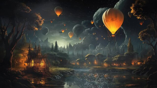 Riverside Rendezvous: A Nighttime Journey in a Hot Air Balloon Over Houses and Trees