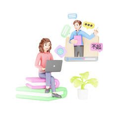 Virtual Language Learning: 3D Character Woman with Online Tutor - Educational Illustration