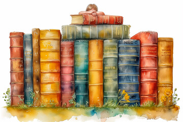 Watercolor illustration of a boy with a stack of books. World book day, back to school