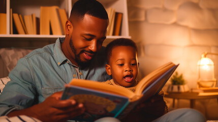 Young father reading a book to his son at night in the bedroom with warm light. World book day