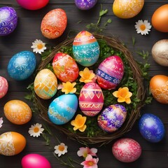 Fototapeta na wymiar Colorful Easter eggs with design in a basket on a dark wooden background. Colorful Happy Easter eggs in a nest with flowers. Beautiful Happy Easter background.