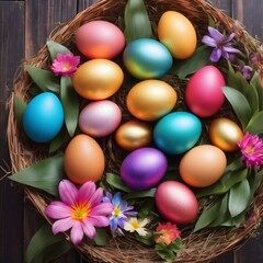 Fototapeta na wymiar Colorful Easter eggs with design in a basket on a dark wooden background. Colorful Happy Easter eggs in a nest with flowers. Beautiful Happy Easter background.
