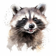 portrait of a raccoon laughing  isolated on a white background, watercolor style clipart illustration	
