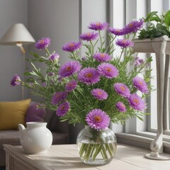 Bouquet of flowers purple asters in jar