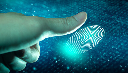 Fingerprint scan provides access with biometrics identification. Technology, Security and...
