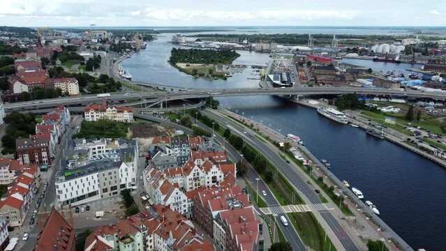 Drone footage from the area of the river Oder in Szczecin in Poland