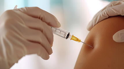Syringe goes into an upper arm. Vaccination and vaccine concept.