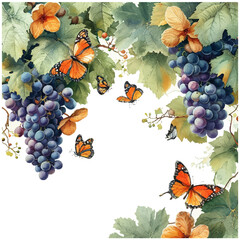 background illustration of grapes covered in beautiful butterflies colored in watercolor