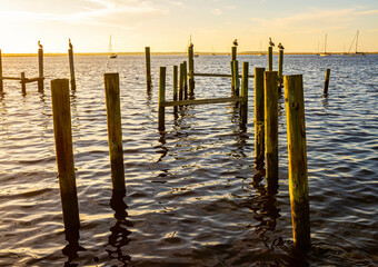 Remains of Damaged Pier on The Amelia River, Fernandina City, Amelia Island, Florida, USA