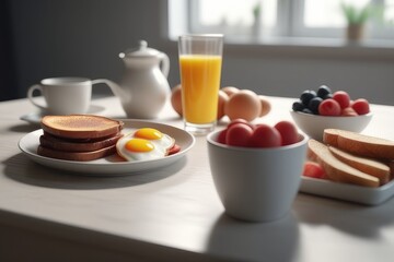 Fototapeta na wymiar Breakfast in the morning. Coffee, orange juice, croissants, eggs and fruits