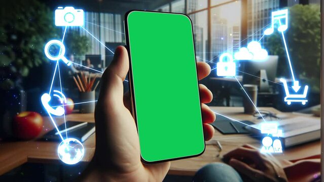 Man's hand shows mobile smartphone with green screen  on social media office